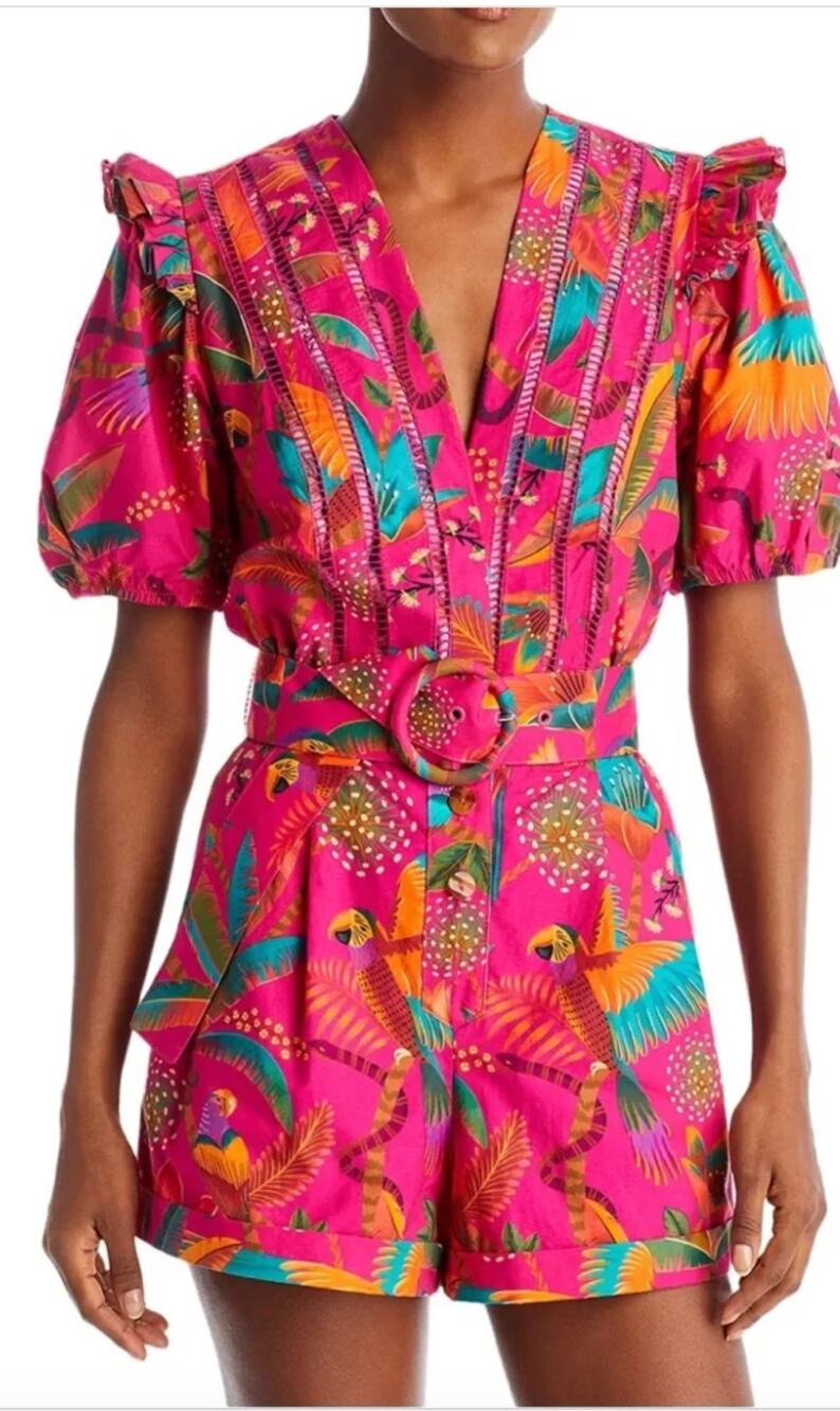 Farm Rio NEW Macaw Pink Short Romper, M